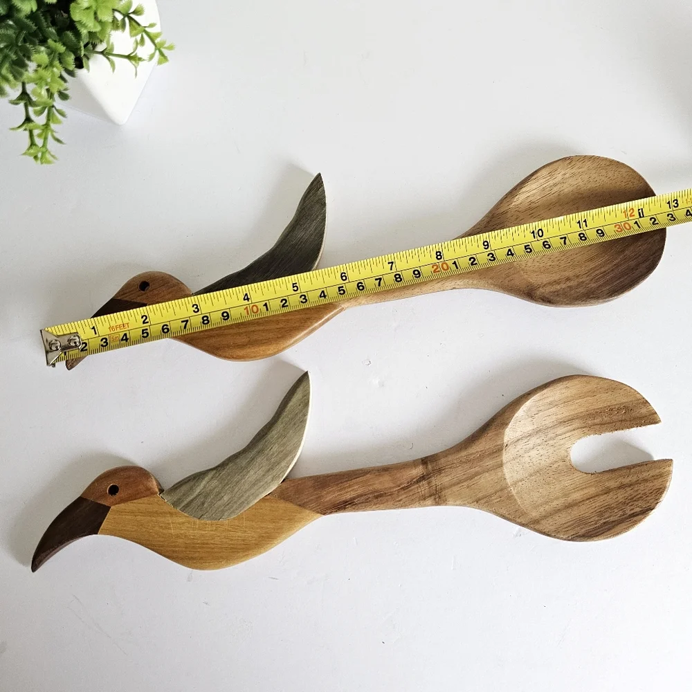 Handcarved Tribal Wooden Bird-Shaped Fork Spoon Rustic Serving Servers